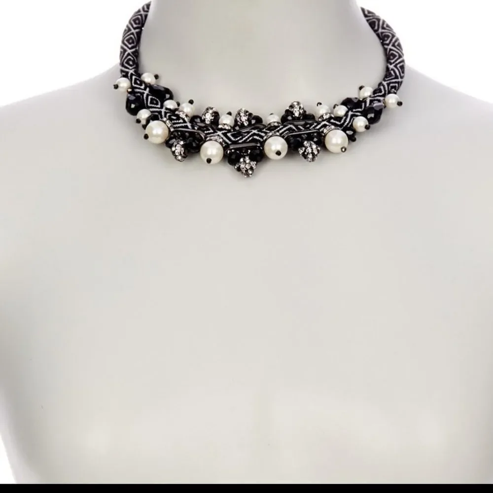 T&J DESIGNS Statement Necklace Cloth Beads Pearls White Stones Choker 15